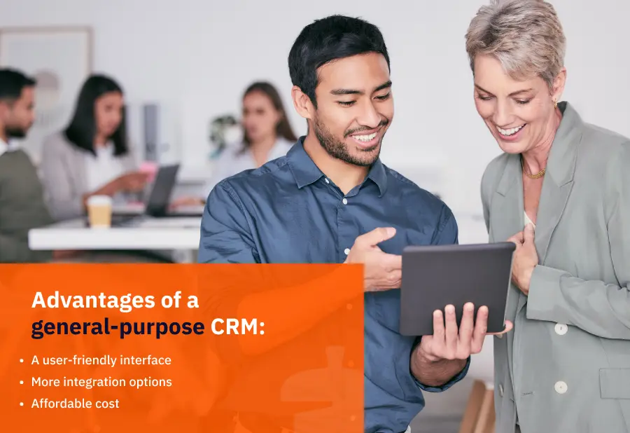 A man showing a lady a report from a tablet with a text overlay of the advantages of a general purpose crm