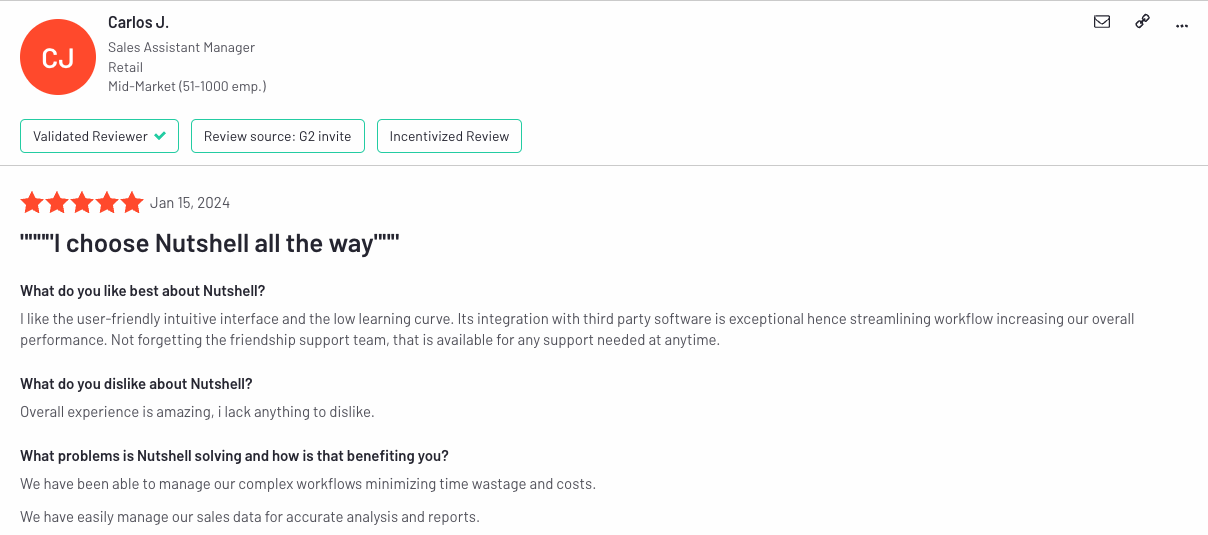 Positive G2 review for Nutshell from Carlos J