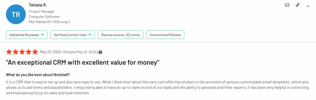Positive G2 review for Nutshell from Tetiana R