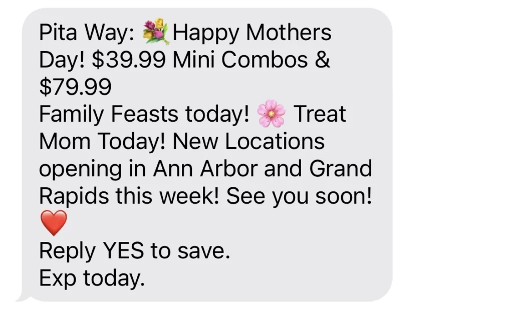 Promotional SMS for mother's day specials