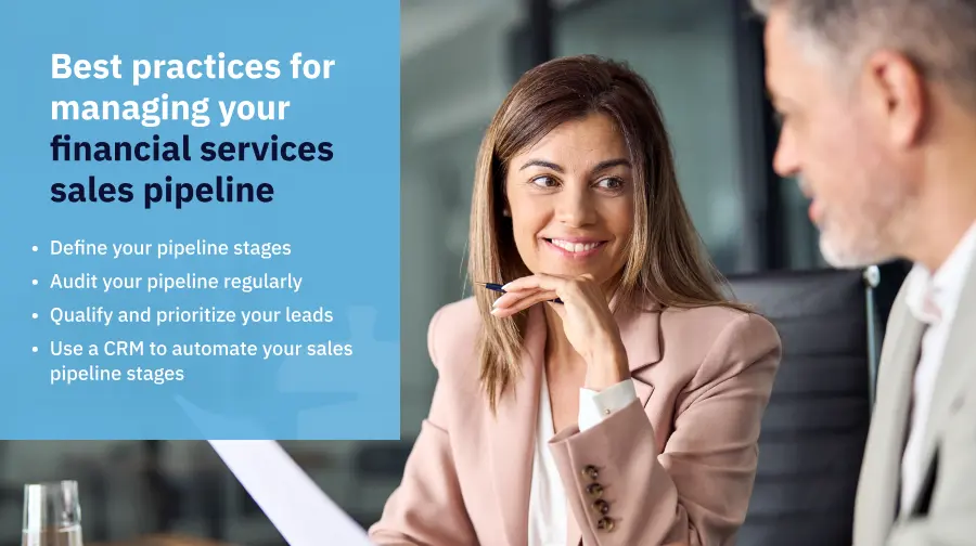 a lady holding pen and paper talking a guy with a text overlay of the best practices of how to manage a sales pipeline for your financial services company