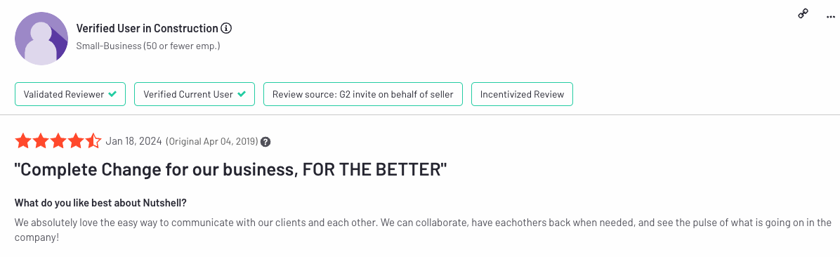 Nutshell G2 review from a user in construction