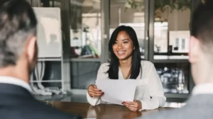a smiling lady holding a paper is being interviewed by two guys