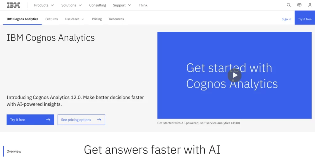 Homepage for IBM cognos analytics