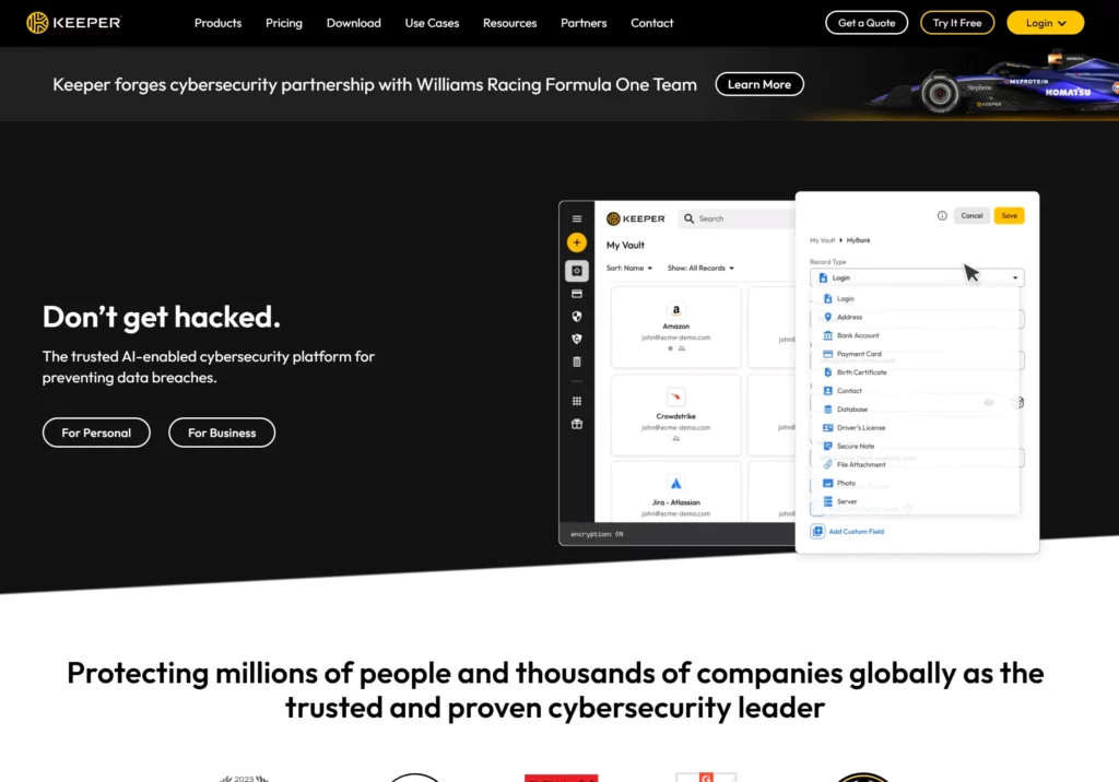 Keeper password manager website screenshot