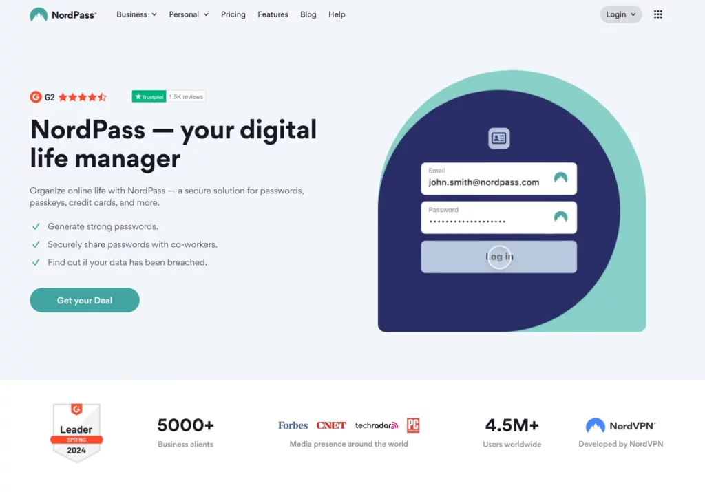 NordPass password manager website screenshot