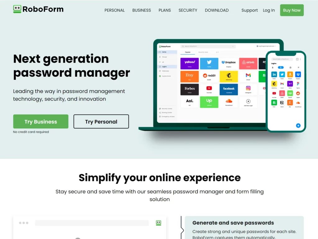 RoboForm password manager website screenshot