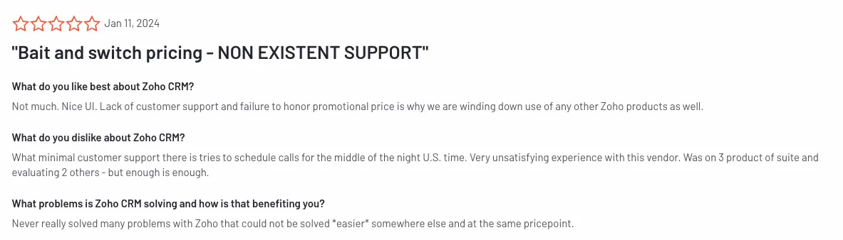 negative review at Zoho CRM mentioning bad customer support 
