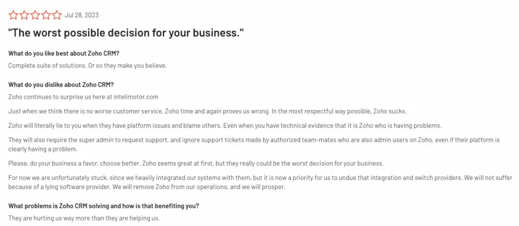 negative review of Zoho CRM