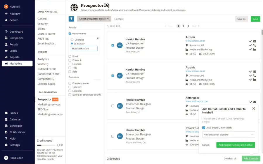 creating a lead using ProspectorIQ in Nutshell
