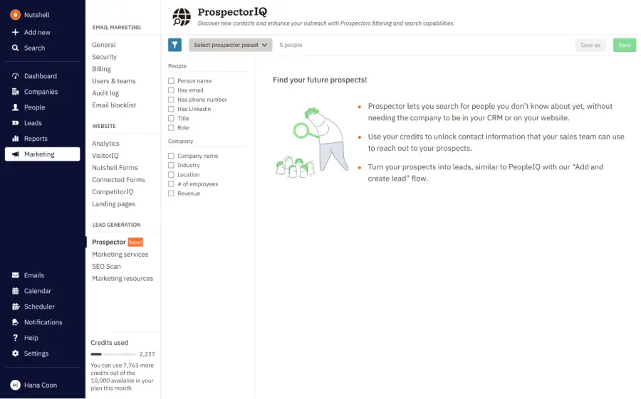 Nutshell ProspectorIQ dashboard