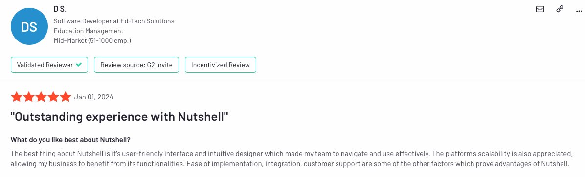 positive G2 review for Nutshell from a user in education management