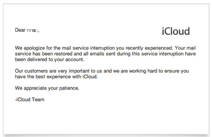 apology email from iCloud for a mail service interruption
