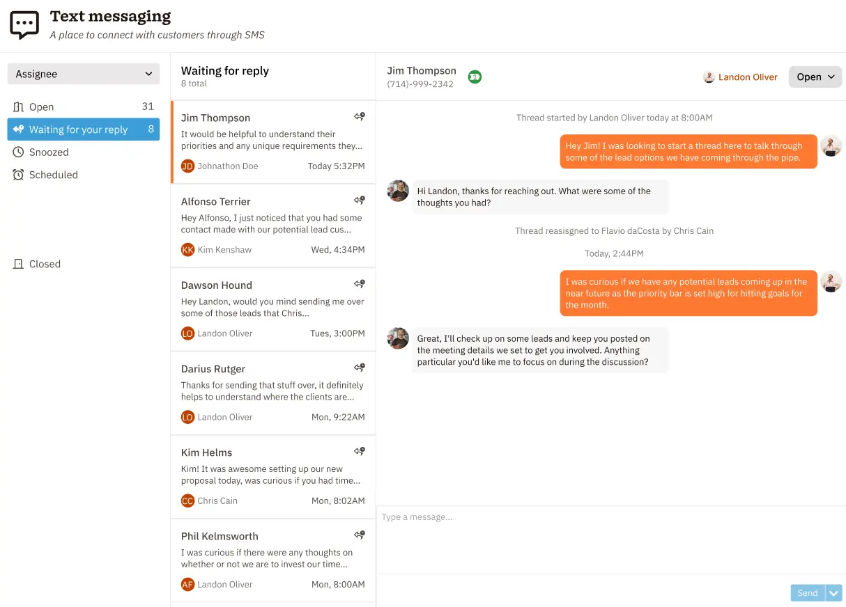 Nutshell text messaging dashboard showing a text thread