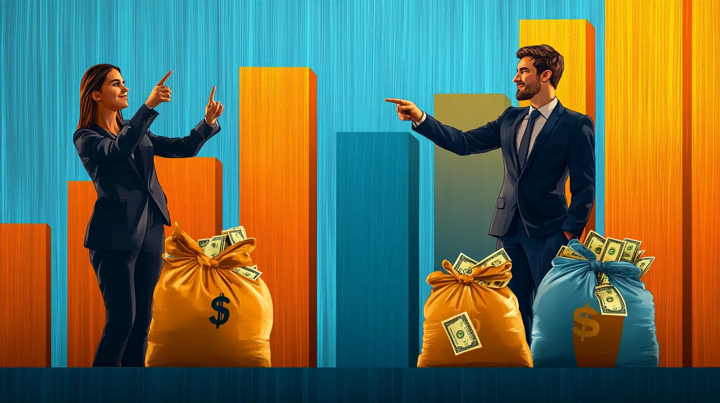 A man and a lady in business suits pointing toward a bar chart