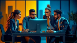 a diverse group of business professionals gathered around a computer