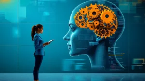 a lady stands with a clipboard taking notes while looking at a large side profile of a head with cog wheels