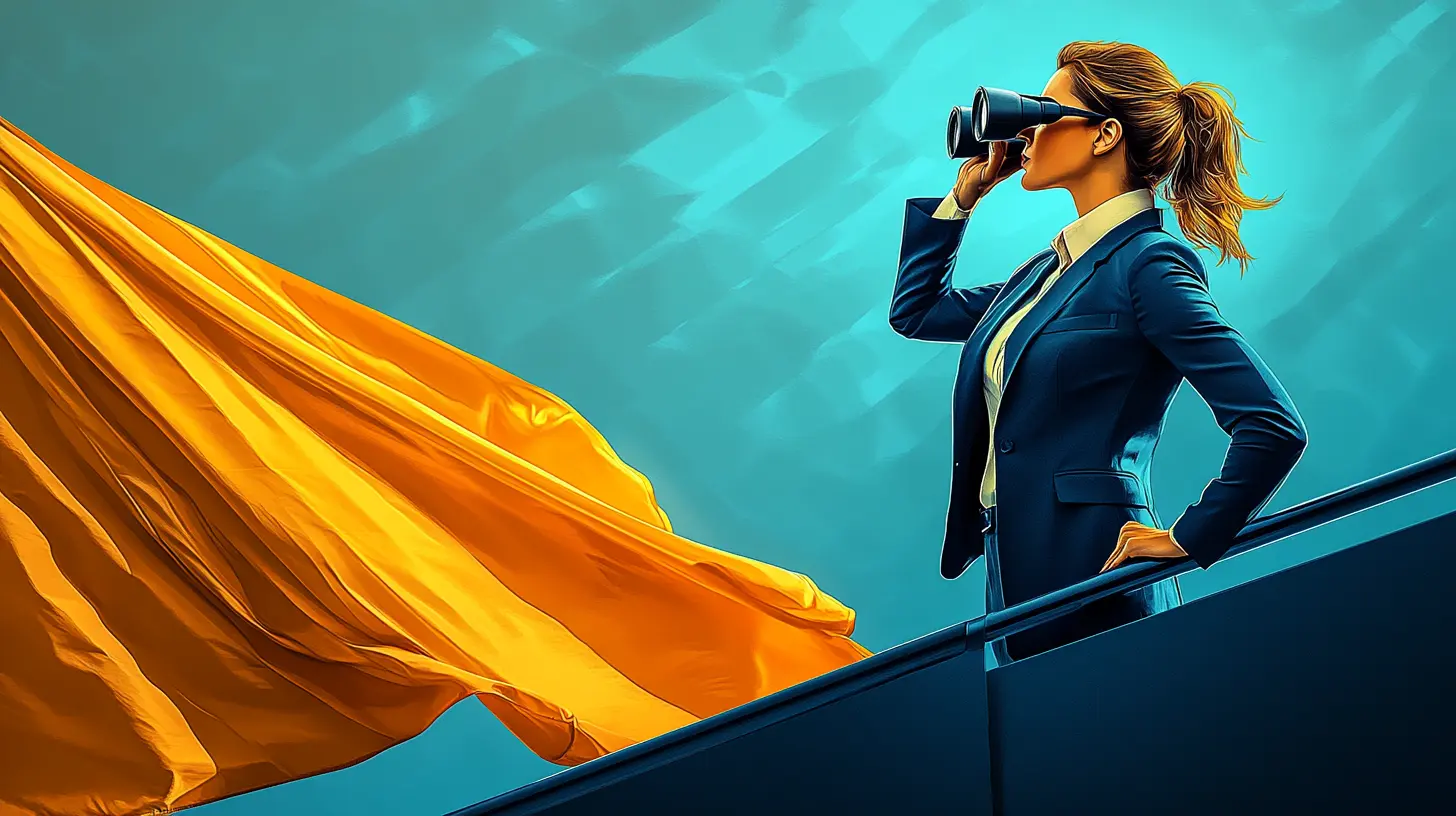 a woman in a business suit is standing in and looking out with binoculars with a an orange flag near her
