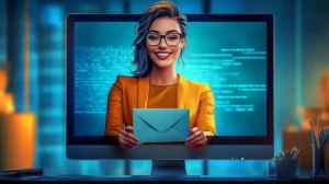 a computer monitor with a woman stepping out from within the frame smiling while holding out an envelope