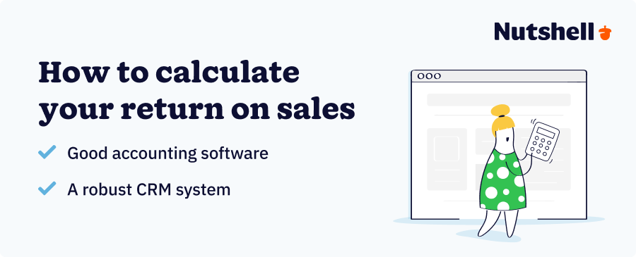a graphic of a lady holding a calculator with a webpage background and text overlay of how to calculate your return on sales