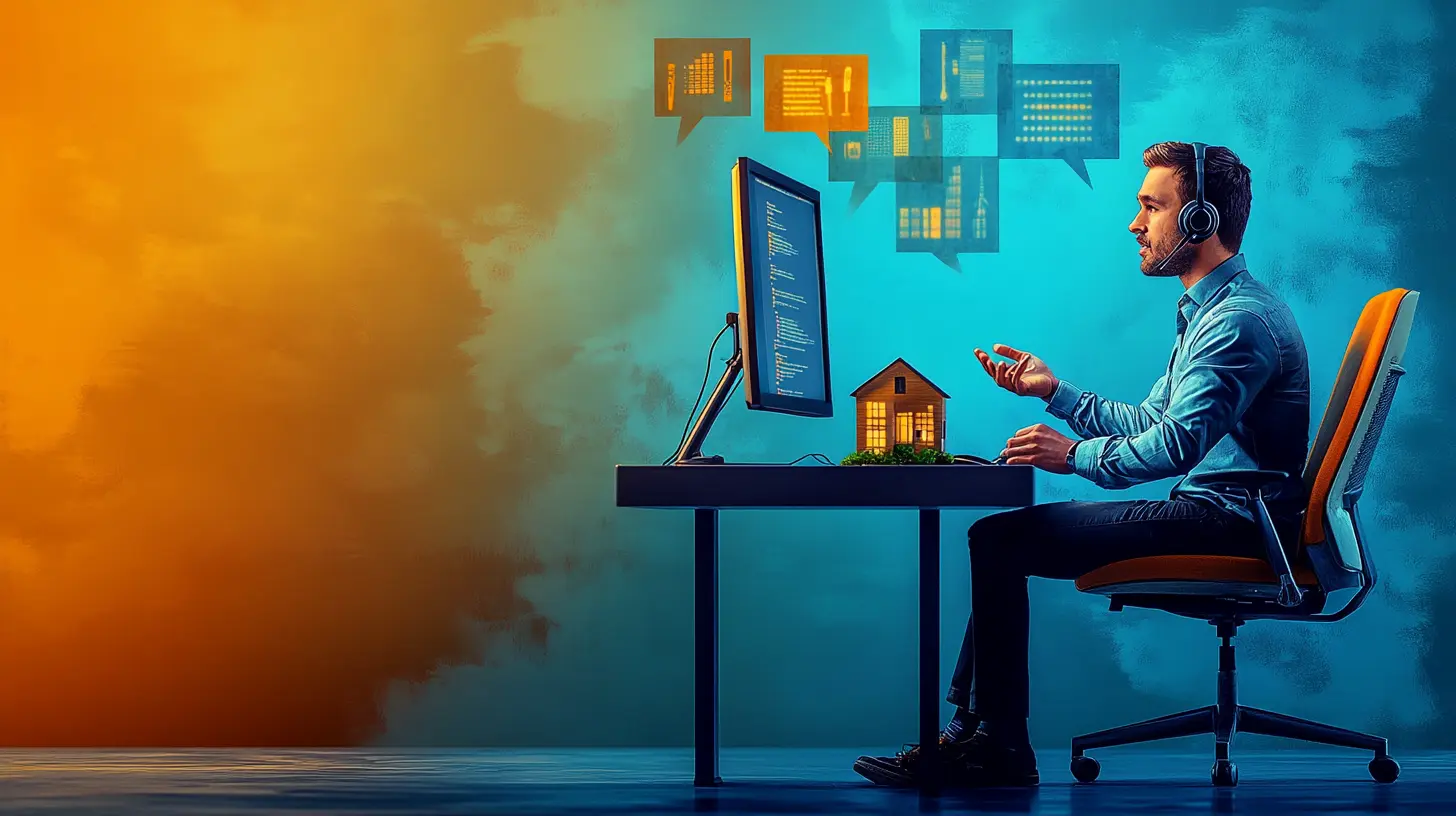 A man sitting at a computer desk looking to his monitor while talking with a headset with a miniature house on the desk