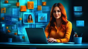 A lady sitting in front of a table with a laptop and a large image of the person's social media profile at the back