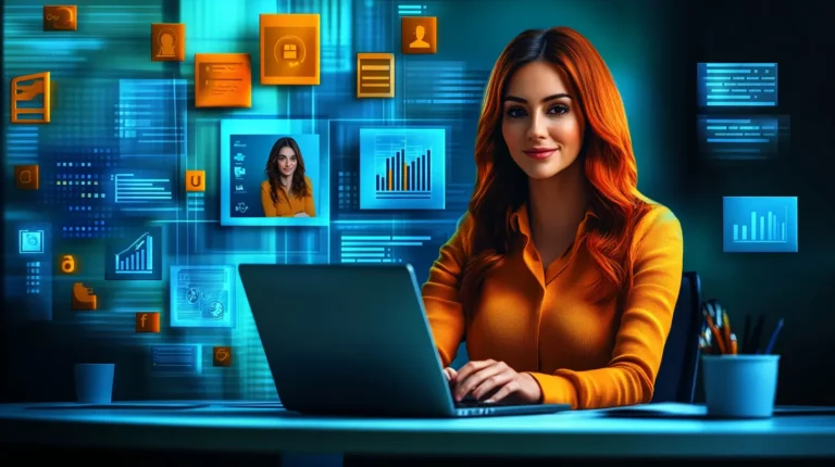 A lady sitting in front of a table with a laptop and a large image of the person's social media profile at the back