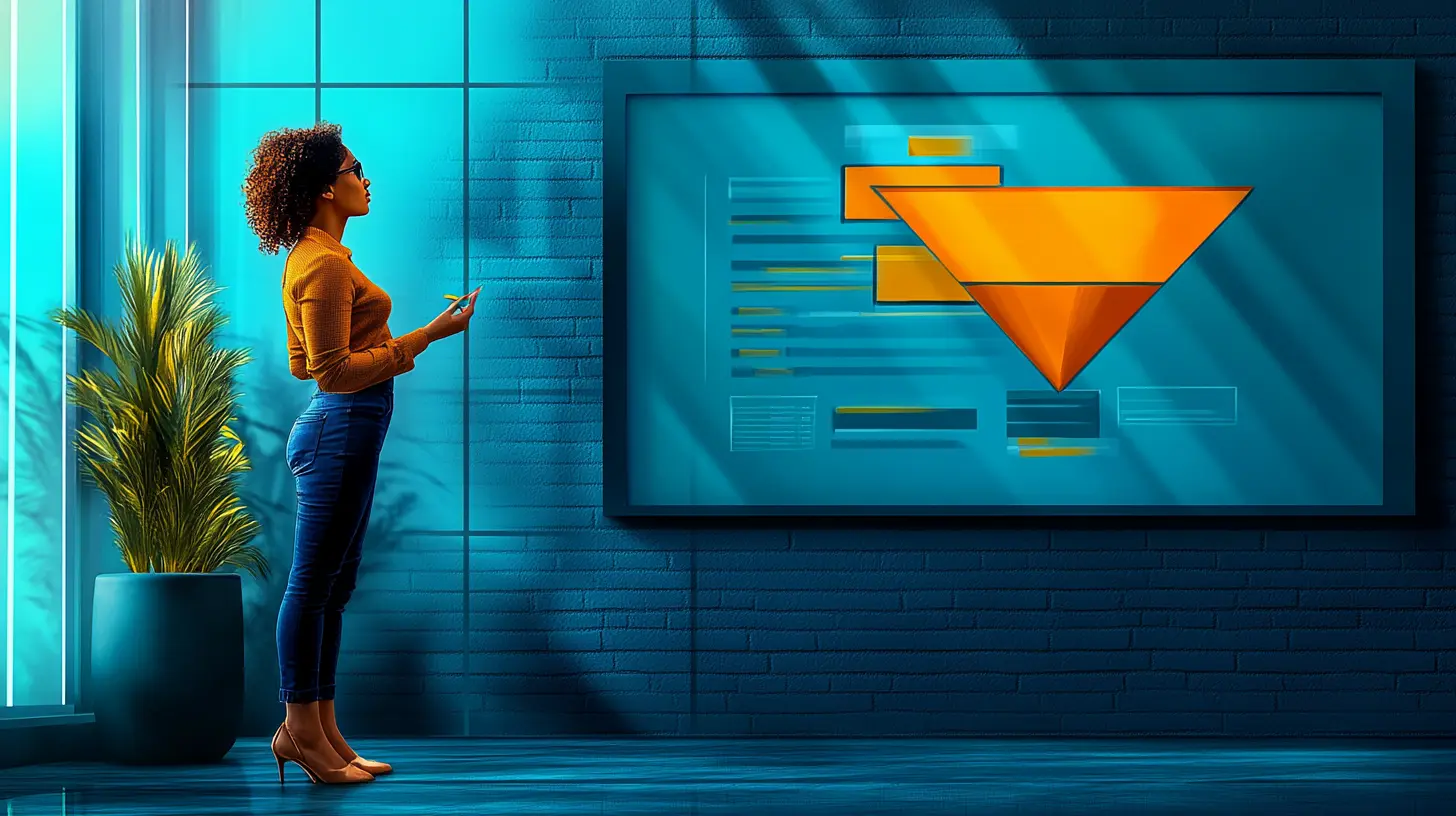 A lady is looking at a drawing of a sales funnel on a whiteboard