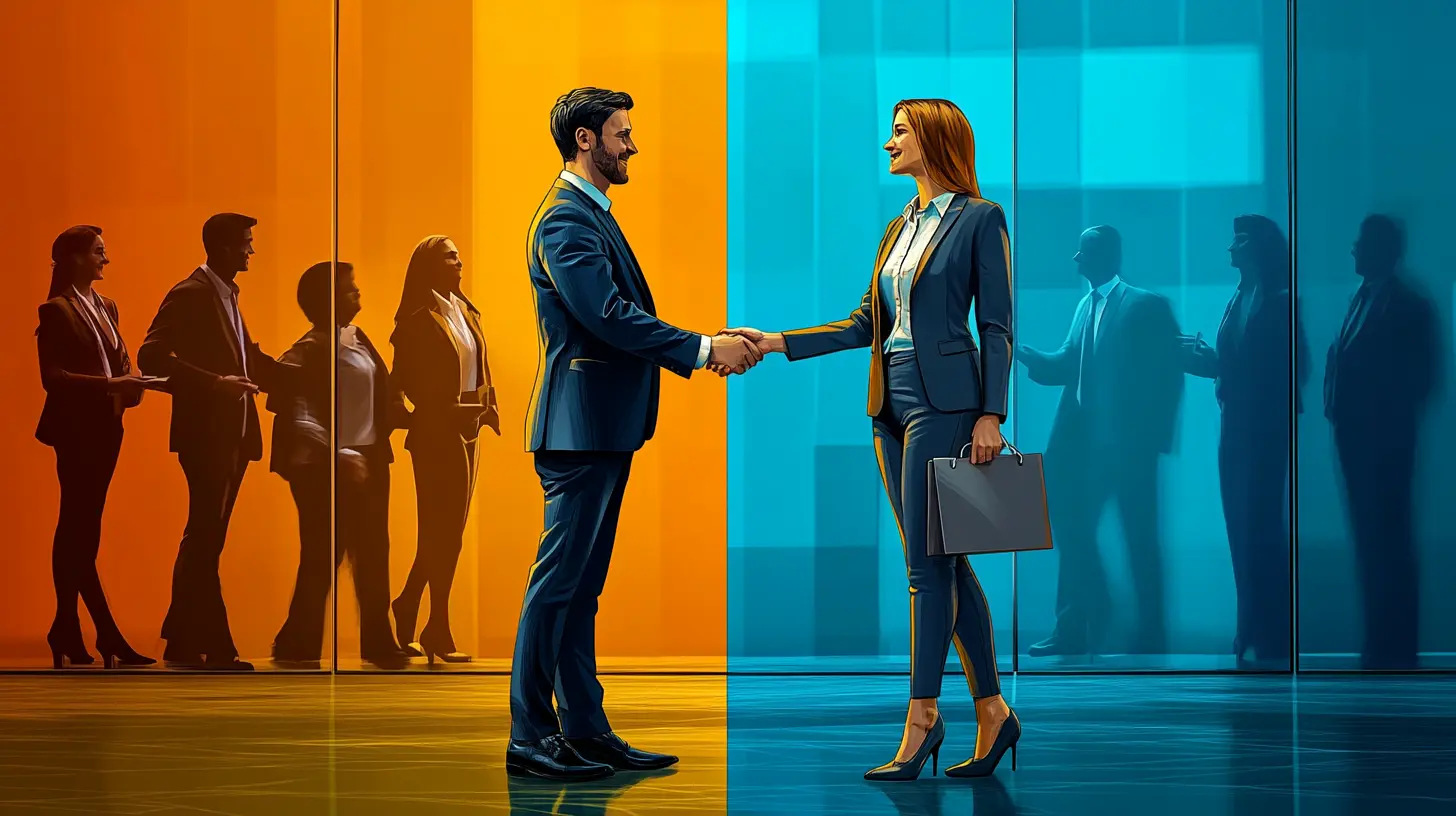 Two salespeople shaking hands with others faded in the background