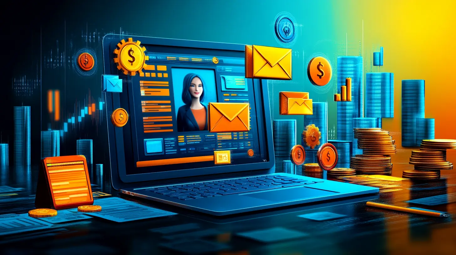 a profile of a customer is shown inside a laptop or computer with symbols of email, phone, calendar, price and others floating around