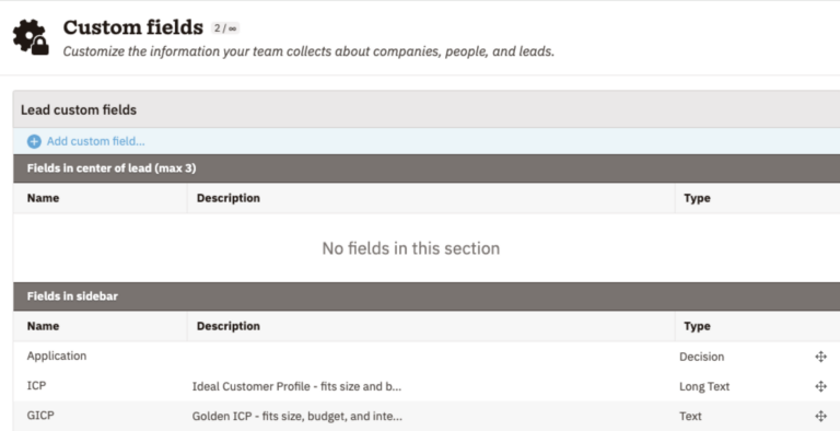List of lead custom fields including Application, ICP, and GICP