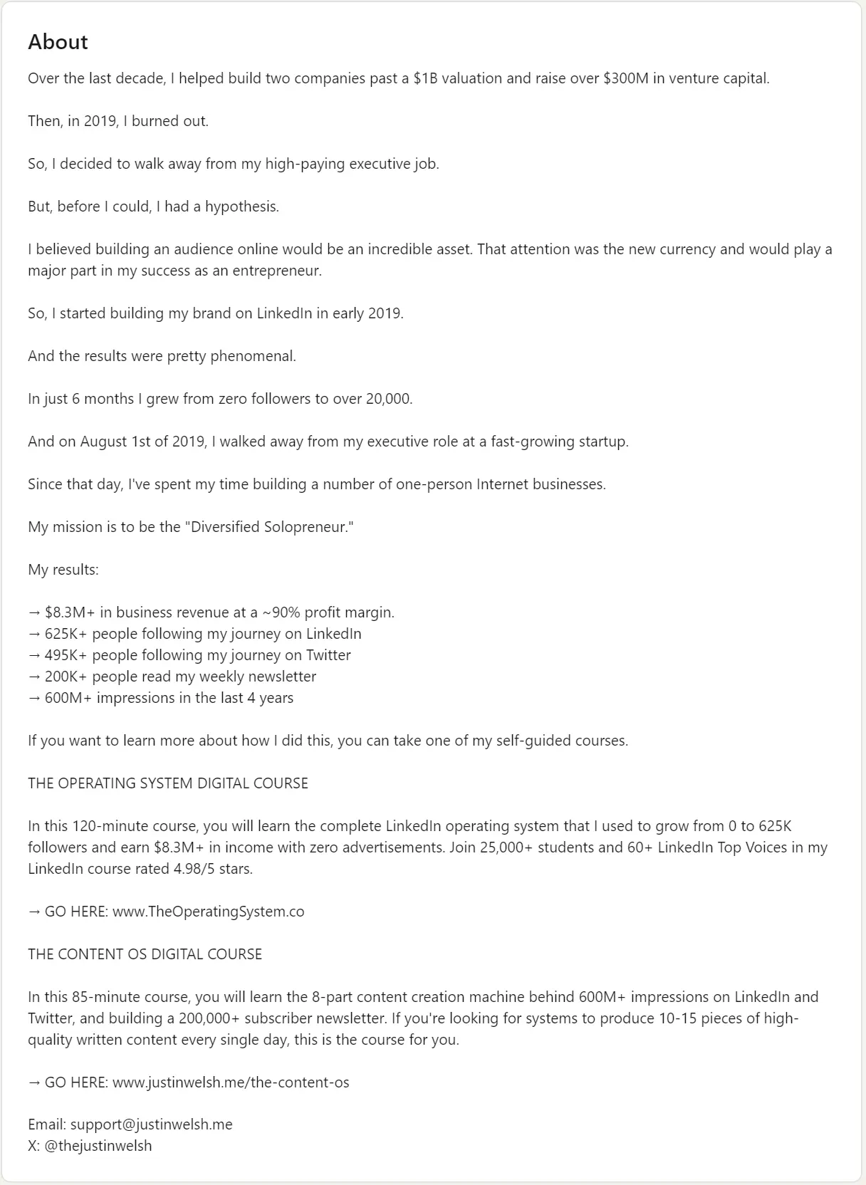 Linked profile summary example of Justin Welsh