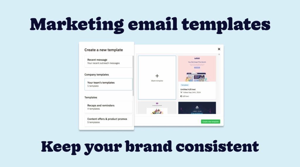 Marketing email templates feature announcement with tagline "Keep your brand consistent"