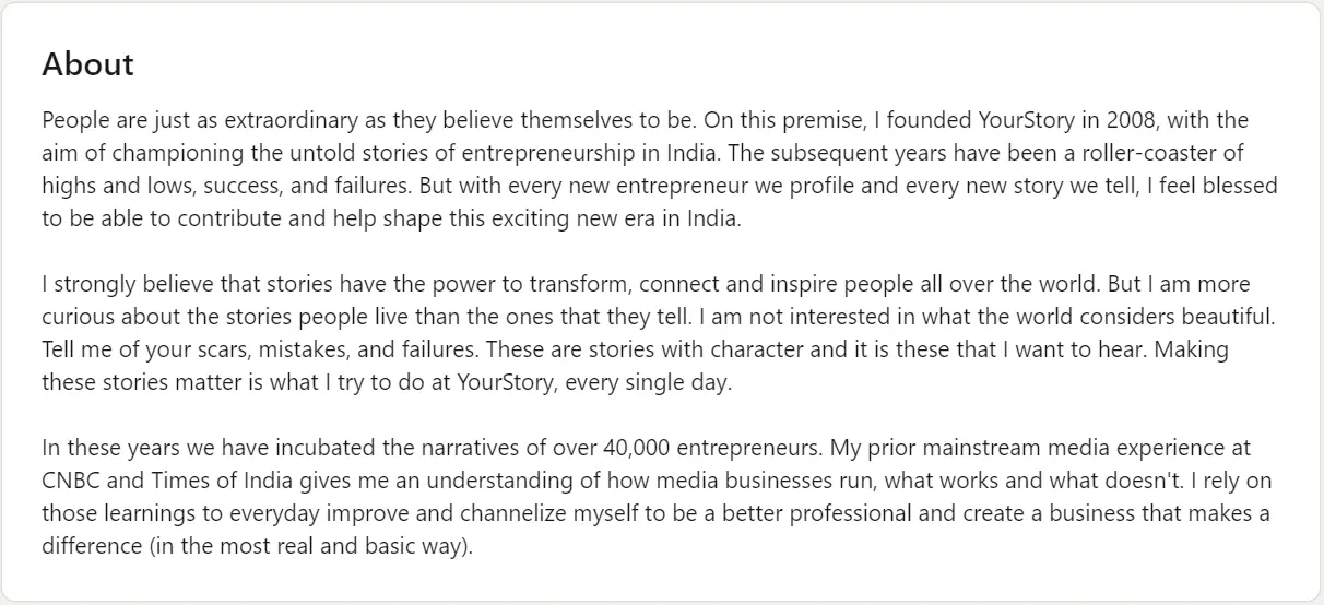 LinkedIn profile summary of Shrada Sharma