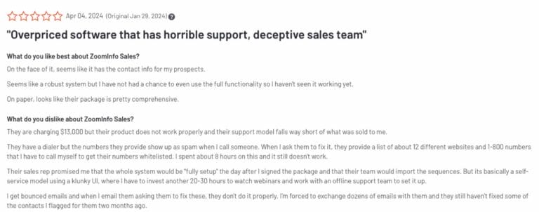 A negative review for ZoomInfo Sales calling the software overpriced, with horrible support and a deceptive sales team