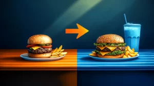 a burger with chips on the left side with an arrow pointing towards a bigger burger, more chips and drink on the right side