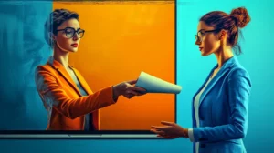 A person is going out from a screen and handing over a file that represents a proposal