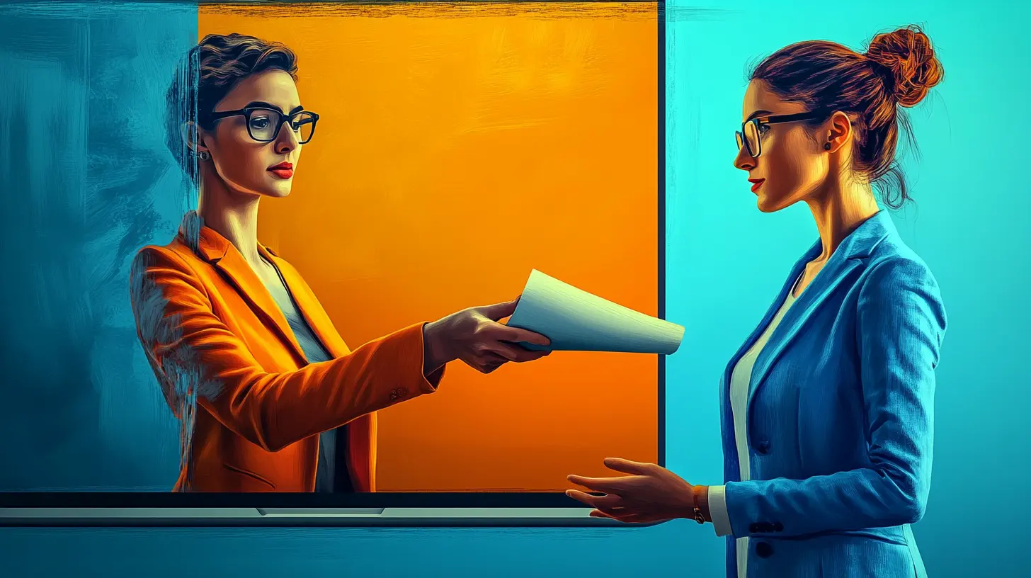 A person is going out from a screen and handing over a file that represents a proposal