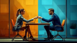 two individuals sitting on one table and both working on their laptops doing a fist bump