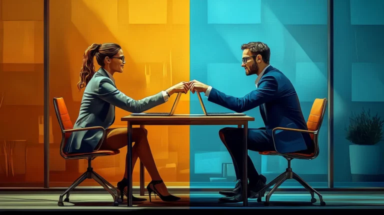 two individuals sitting on one table and both working on their laptops doing a fist bump