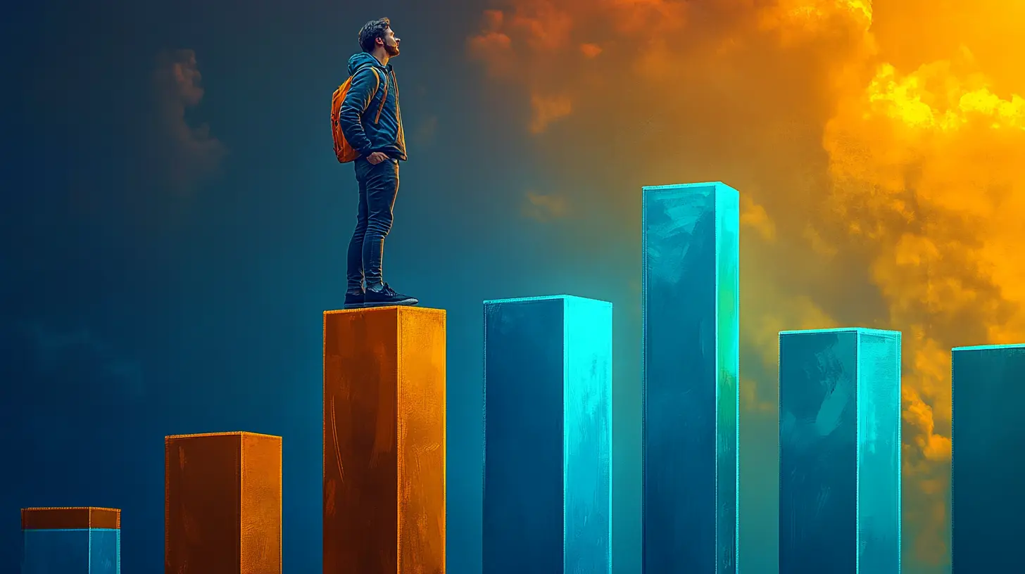 a person is standing on top of a giant bar graph and looking forward on the far end