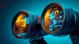 A close up of binocular lenses. On the lenses you can see customer profiles along with data and graphs