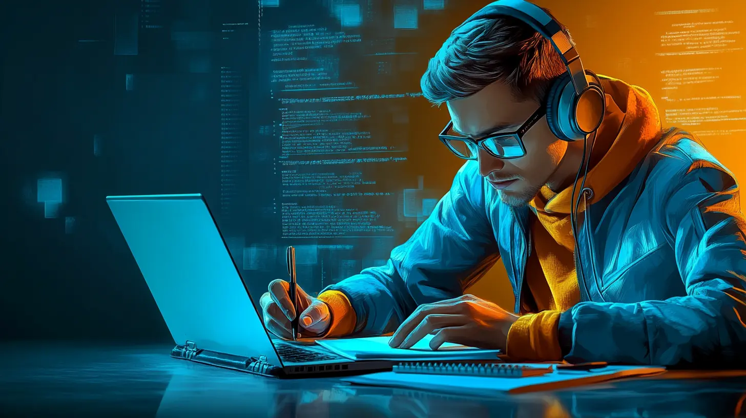 A person with headphones sitting down in front of a laptop and writing something on with pen and paper