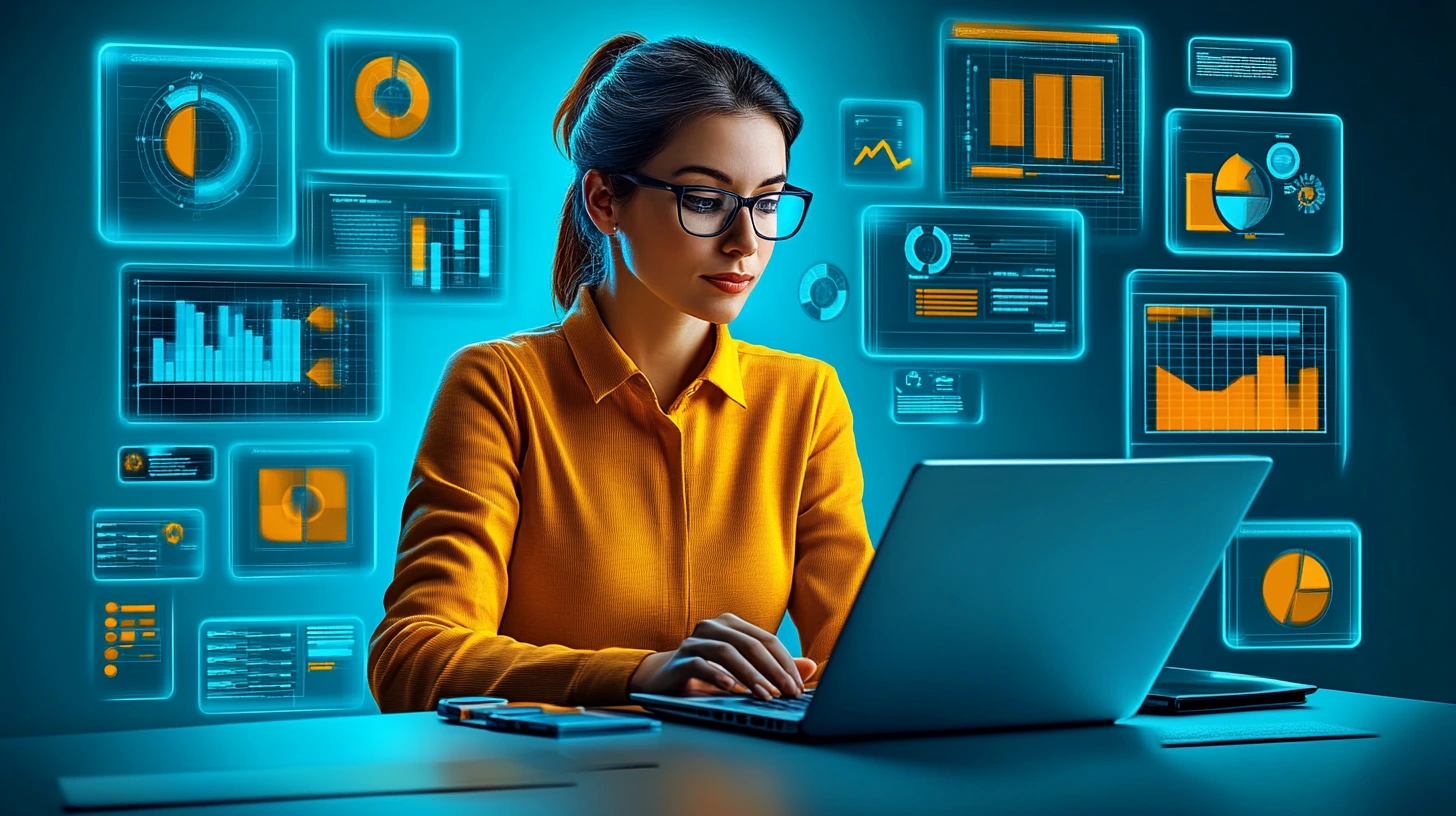 a person sitting behind a desk at a laptop with icon-like images around them representing various elements such as team members, a graph, a pie chart, and data