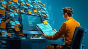 A busy person is working on a computer with a big pile of paperwork beside him