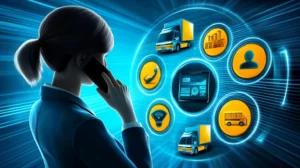 Businesswoman on the phone with a circle full of graphics in front of her