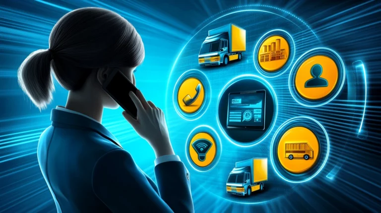 Businesswoman on the phone with a circle full of graphics in front of her