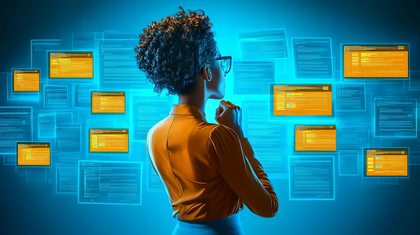 A person with a thinking expression is standing in front of a screen with different kinds of web forms