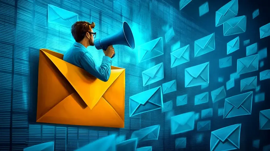 A person is coming out of an envelope representing an email with a megaphone and announcing something