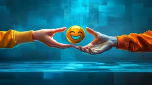 One hand is handing over a smiling emoji to another hand